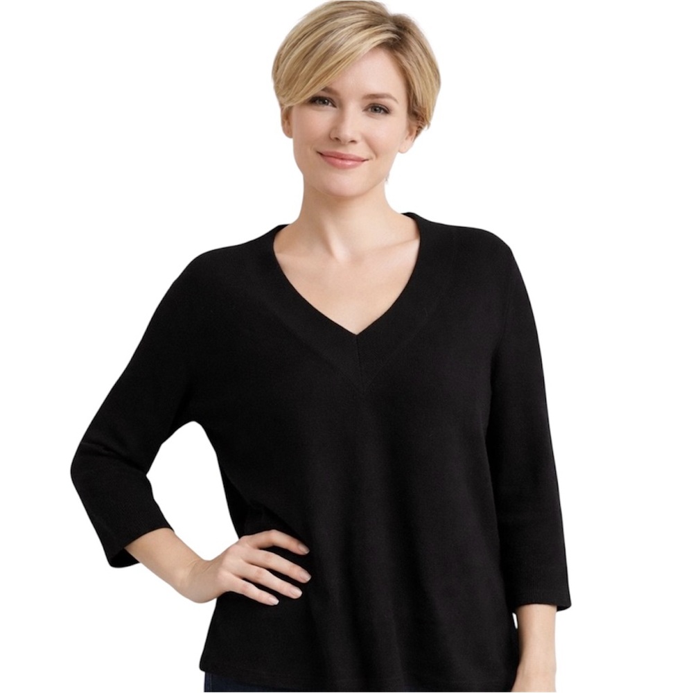Just Cashmere By Forte V-Neck Pullover Sweater Size Medium Black 3/4 Sleeve